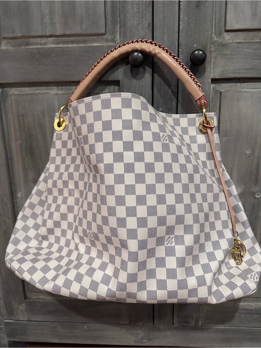 Curated Luxury Checkered Shoulder Hobo in Light Gray and Cream with Tan Handle